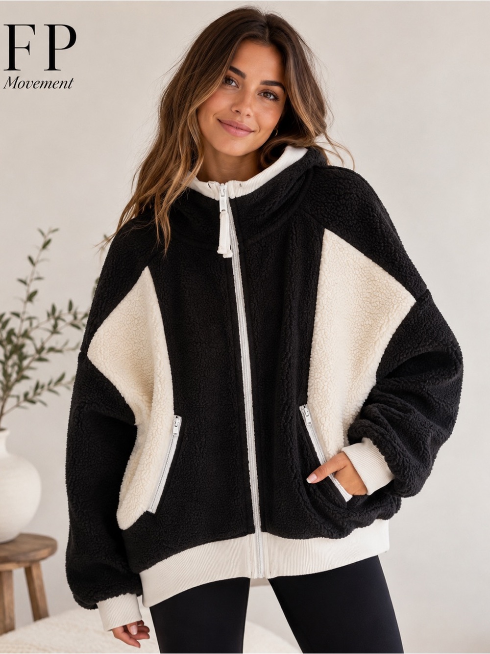 FP Movement Free People Black Cream Sherpa Hooded Fleece Jacket Oversized